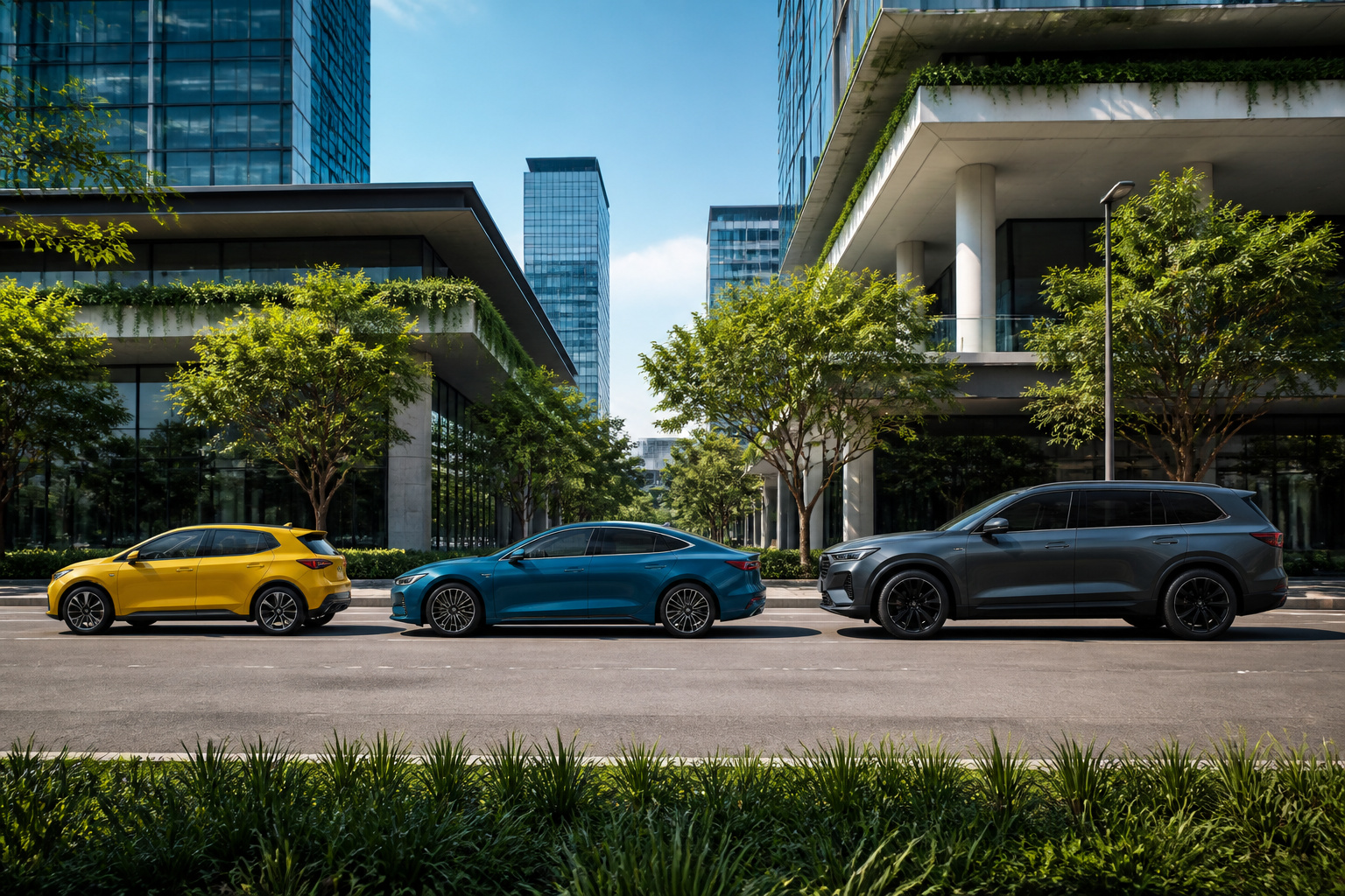 Flotte automobile futuriste en milieu urbain