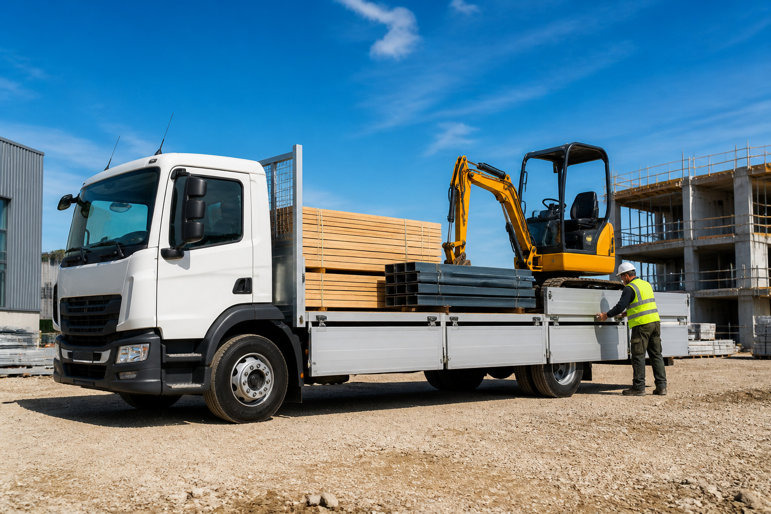 Camion plateau moderne avec chargement de chantier