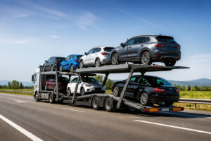 Transporteur de voitures moderne sur autoroute