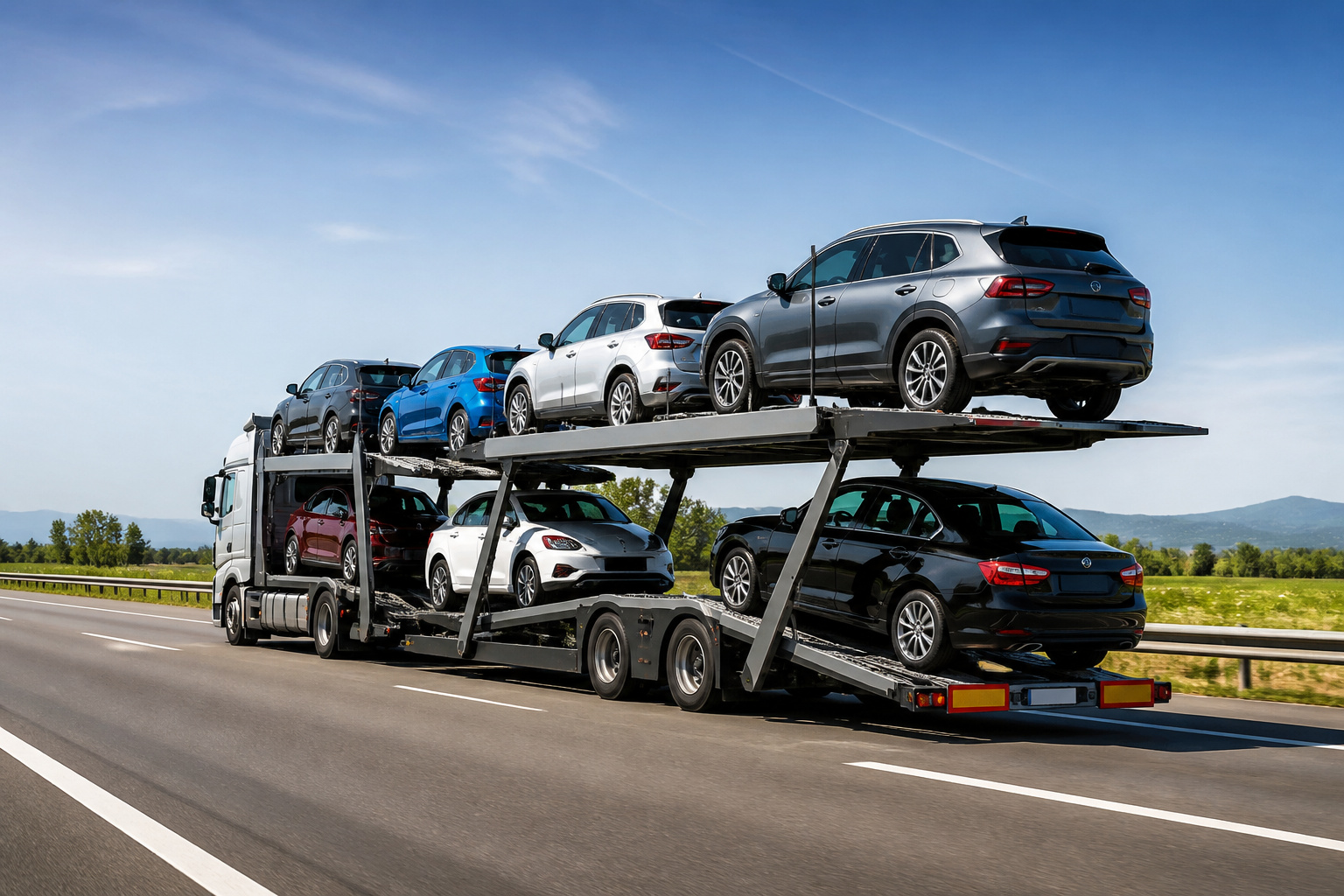 Transporteur de voitures moderne sur autoroute