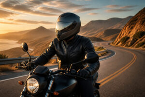 Motard en liberte au coucher du soleil